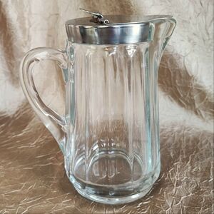 Syrup Batter Pourer Dispenser Vintage Glass Chrome Lid Sunday Breakfast EUC